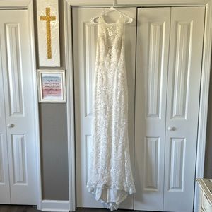 Ivory illusion plunge Chantilly lace wedding dress